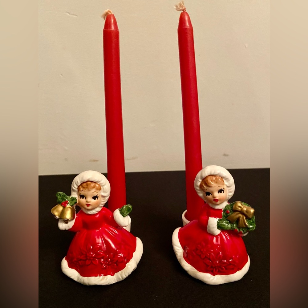 Vintage Lefton Japan Shopper Poinsetta Christmas Girls Candle Holder Figurines